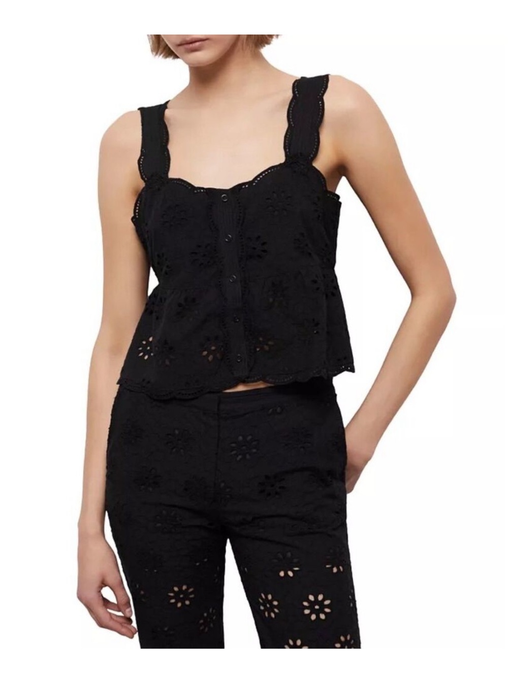 The Kooples Black Eyelet Button-Front Cropped Camisole